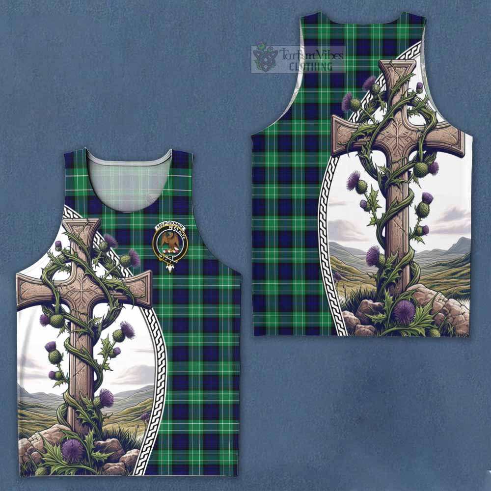 Tartan Vibes Clothing Abercrombie Tartan Men's Tank Top with Family Crest and St. Andrew's Cross Accented by Thistle Vines