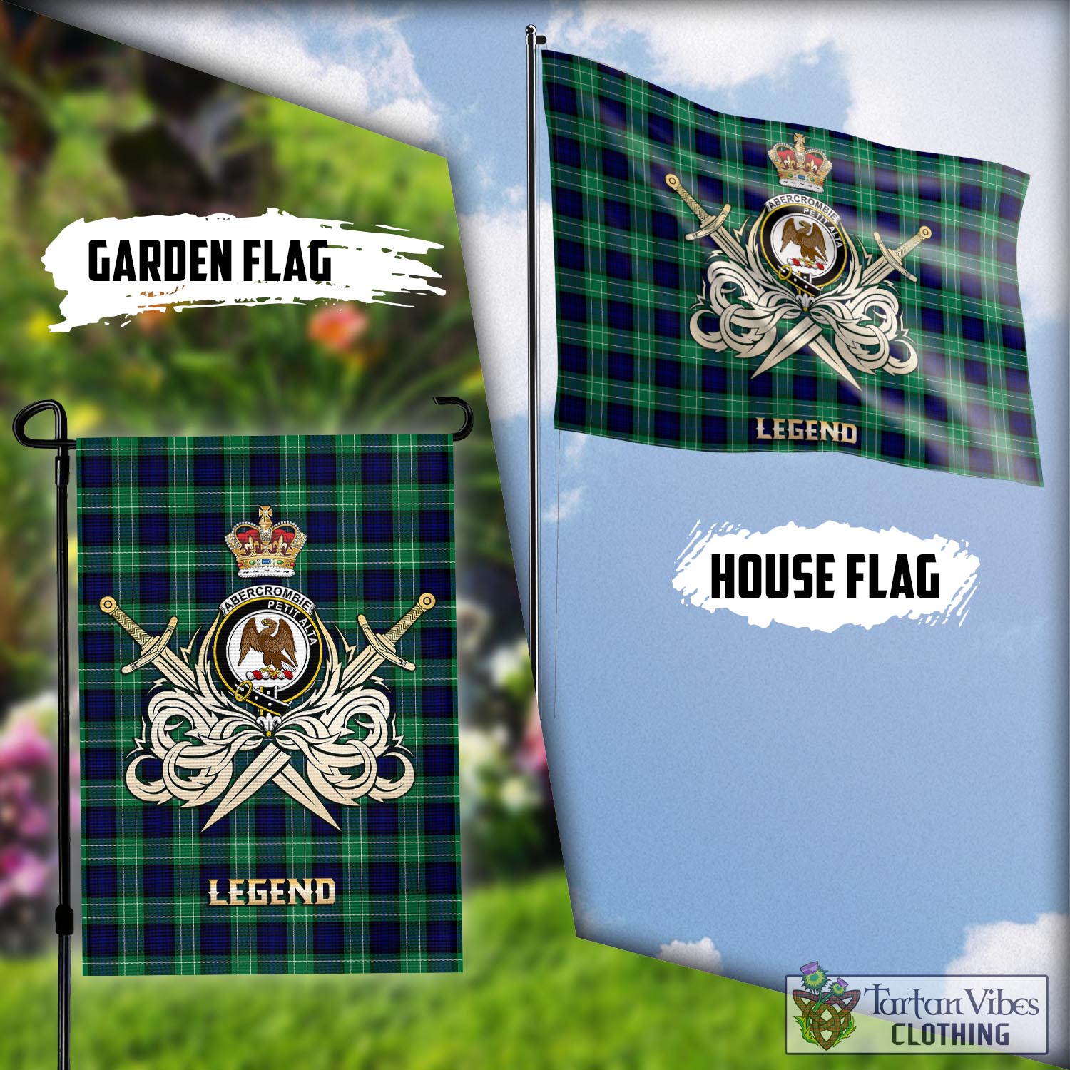 Tartan Vibes Clothing Abercrombie Tartan Flag with Clan Crest and the Golden Sword of Courageous Legacy
