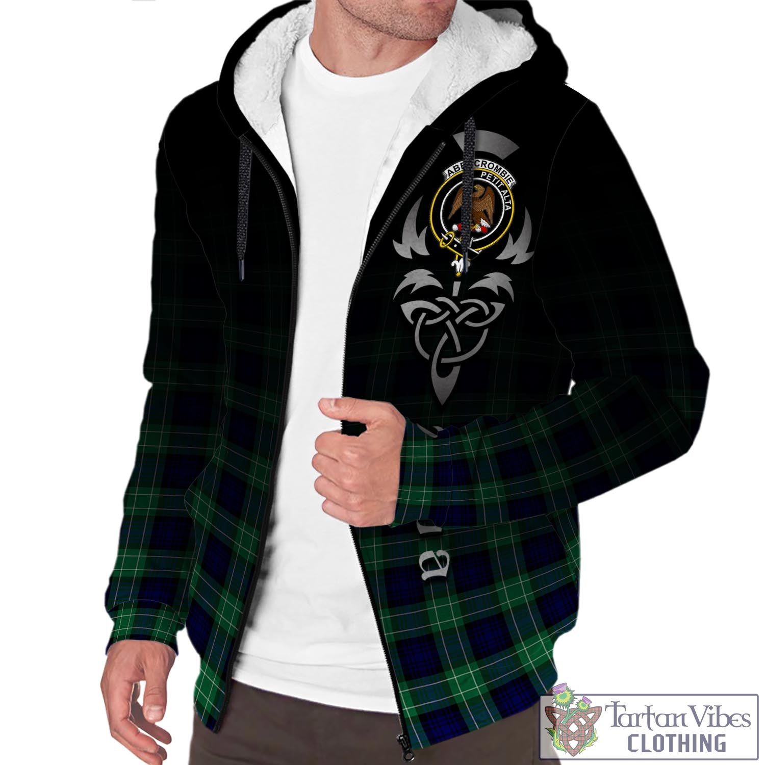 Tartan Vibes Clothing Abercrombie Tartan Sherpa Hoodie Featuring Alba Gu Brath Family Crest Celtic Inspired
