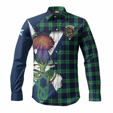 Abercrombie Tartan Family Crest Long Sleeve Button Shirt Scottish Thistle Celtic Inspired