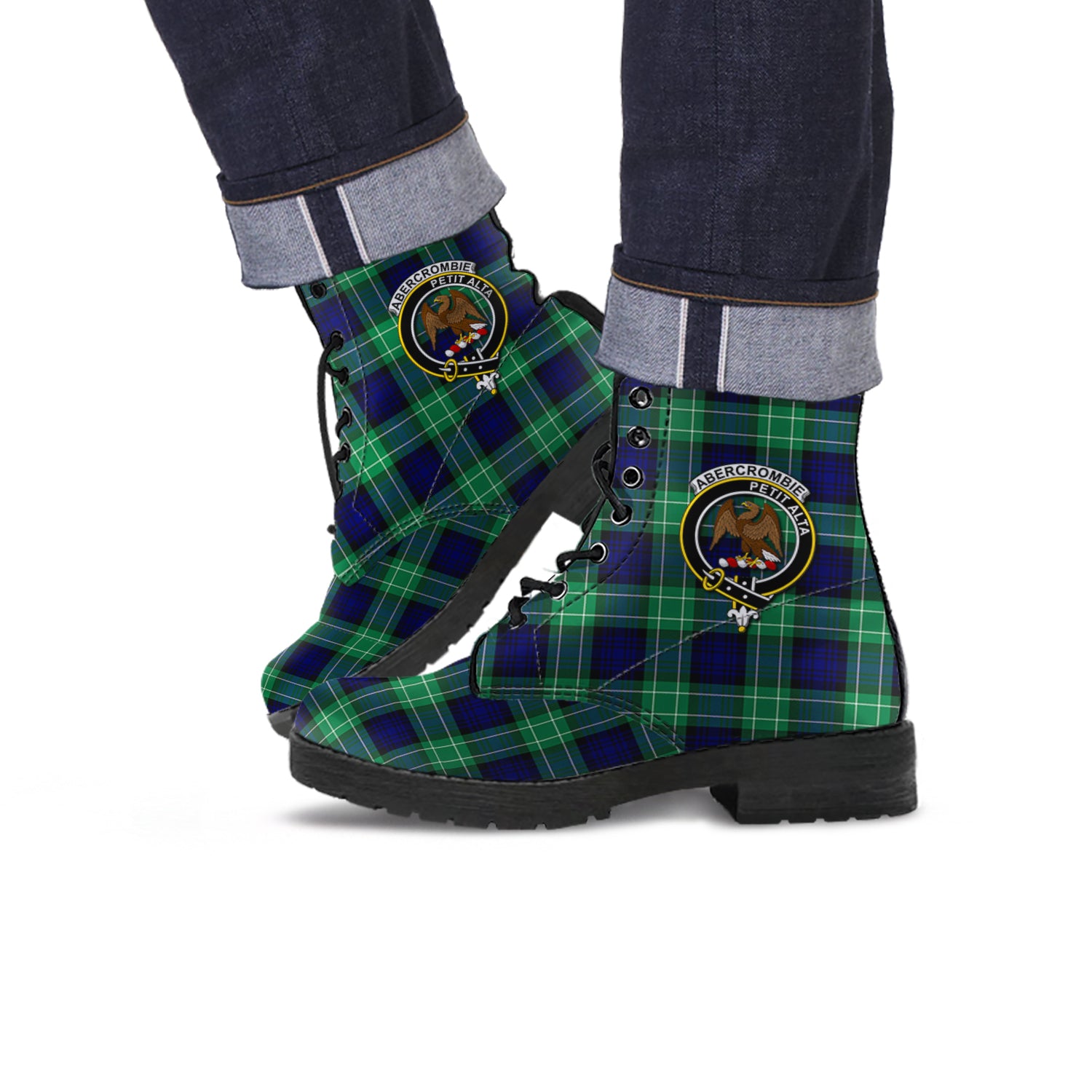 Abercrombie Tartan Leather Boots with Family Crest - Tartanvibesclothing