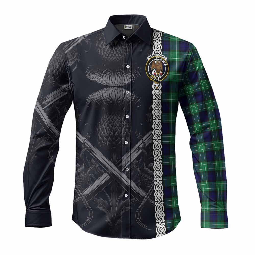 Tartan Vibes Clothing Abercrombie Tartan Long Sleeve Button Shirt with Family Crest Cross Sword Thistle Celtic Vibes
