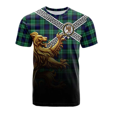Tartan Vibes Clothing Abercrombie Crest Tartan Cotton T-shirt with Golden Lion Emblem Celtic Style