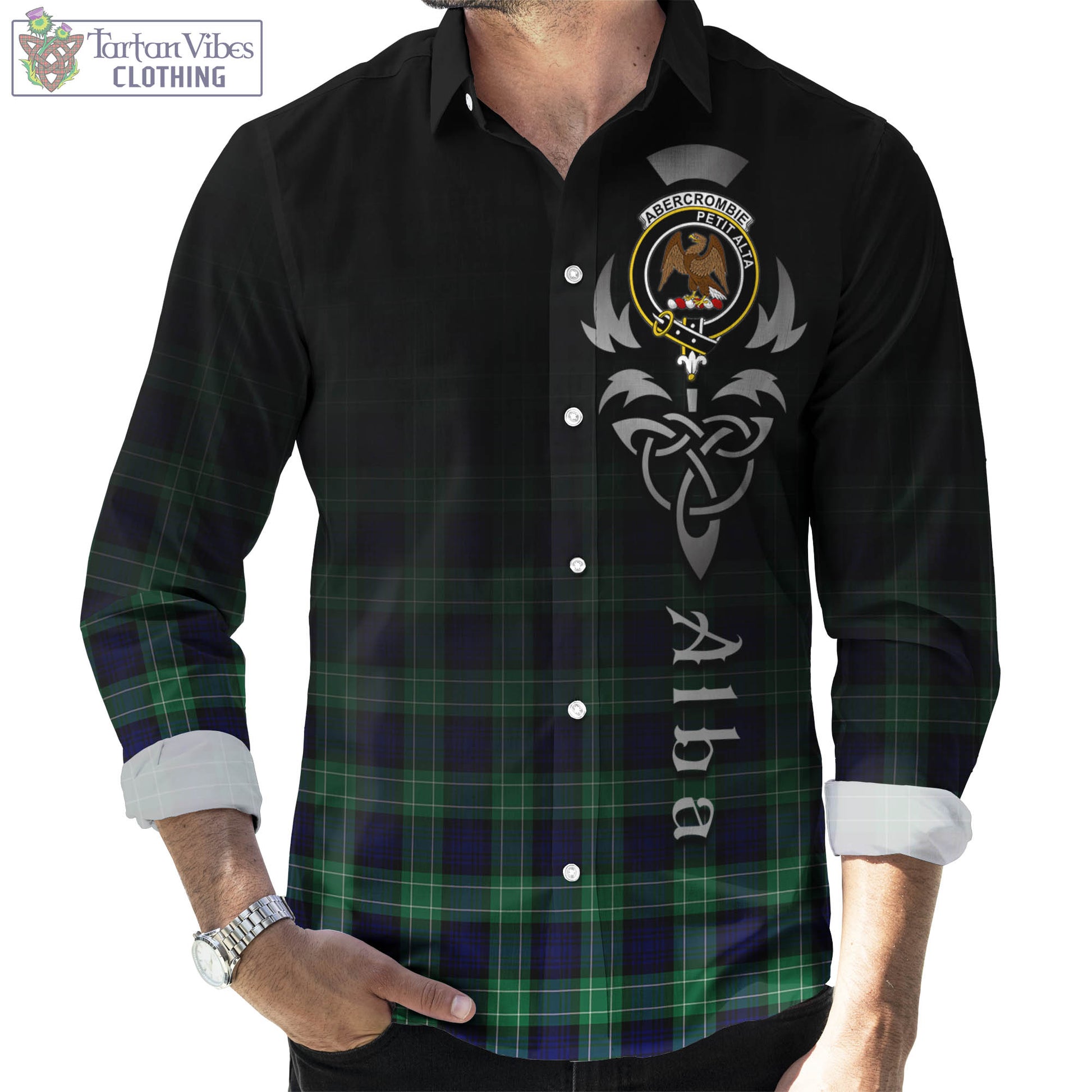 Tartan Vibes Clothing Abercrombie Tartan Long Sleeve Button Up Featuring Alba Gu Brath Family Crest Celtic Inspired