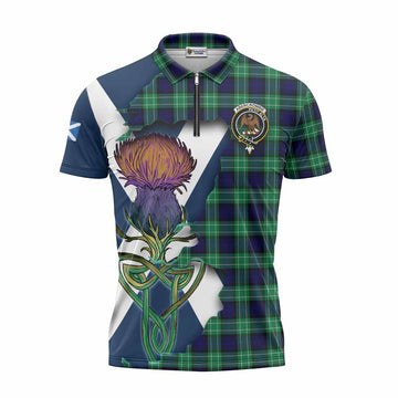 Abercrombie Tartan Family Crest Zipper Polo Shirt Scottish Thistle Celtic Inspired