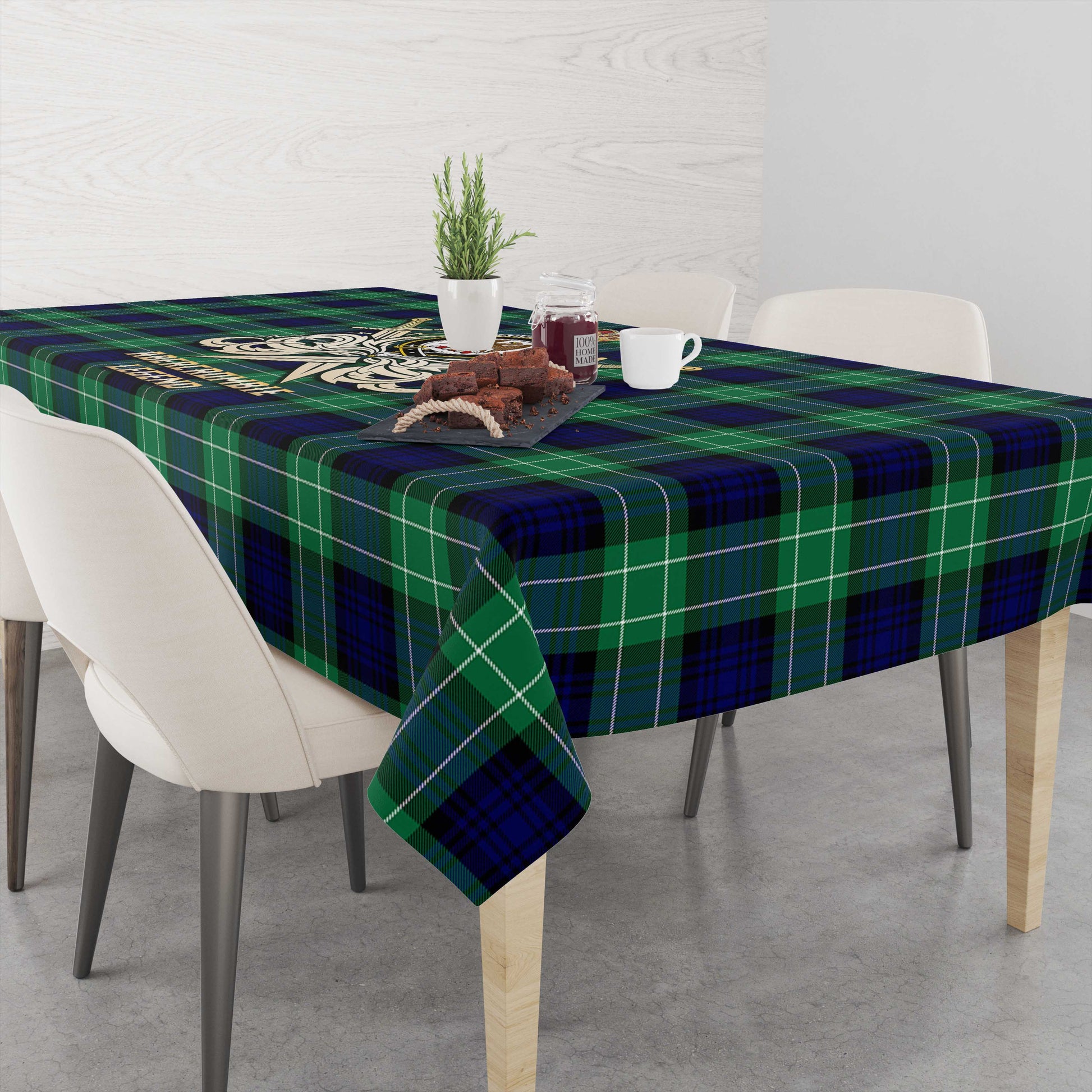 Tartan Vibes Clothing Abercrombie Tartan Tablecloth with Clan Crest and the Golden Sword of Courageous Legacy