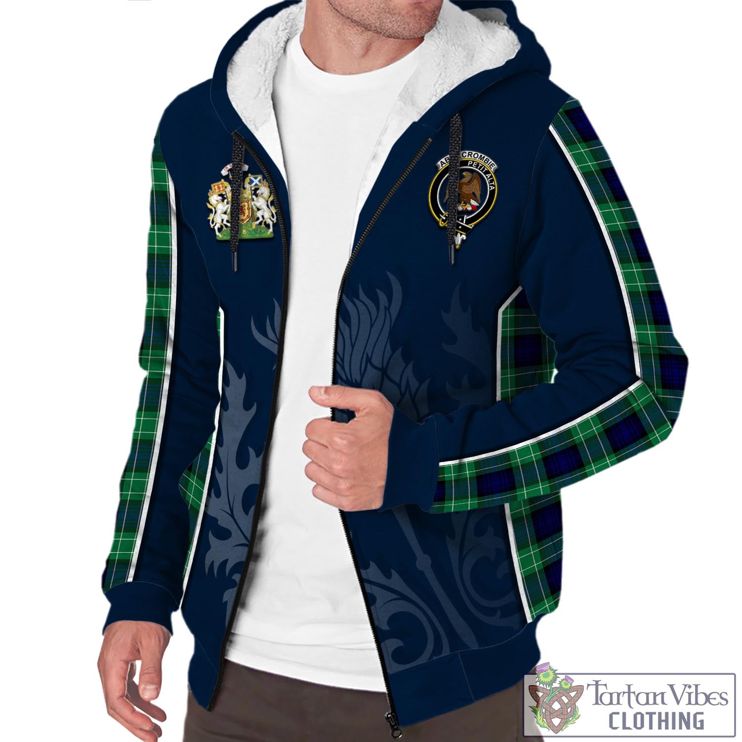 Tartan Vibes Clothing Abercrombie Tartan Sherpa Hoodie with Family Crest and Scottish Thistle Vibes Sport Style