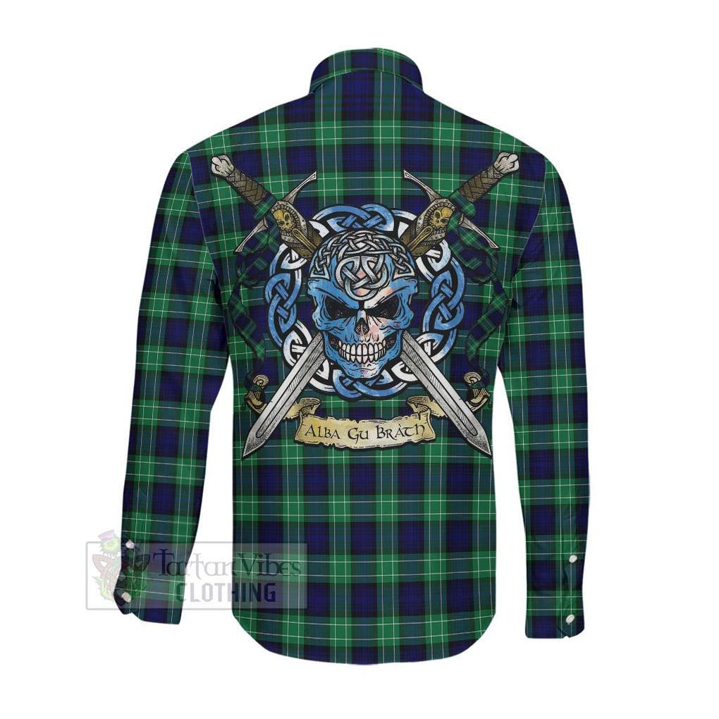 Tartan Vibes Clothing Abercrombie Tartan Long Sleeve Button Shirt with Family Crest Celtic Skull Style