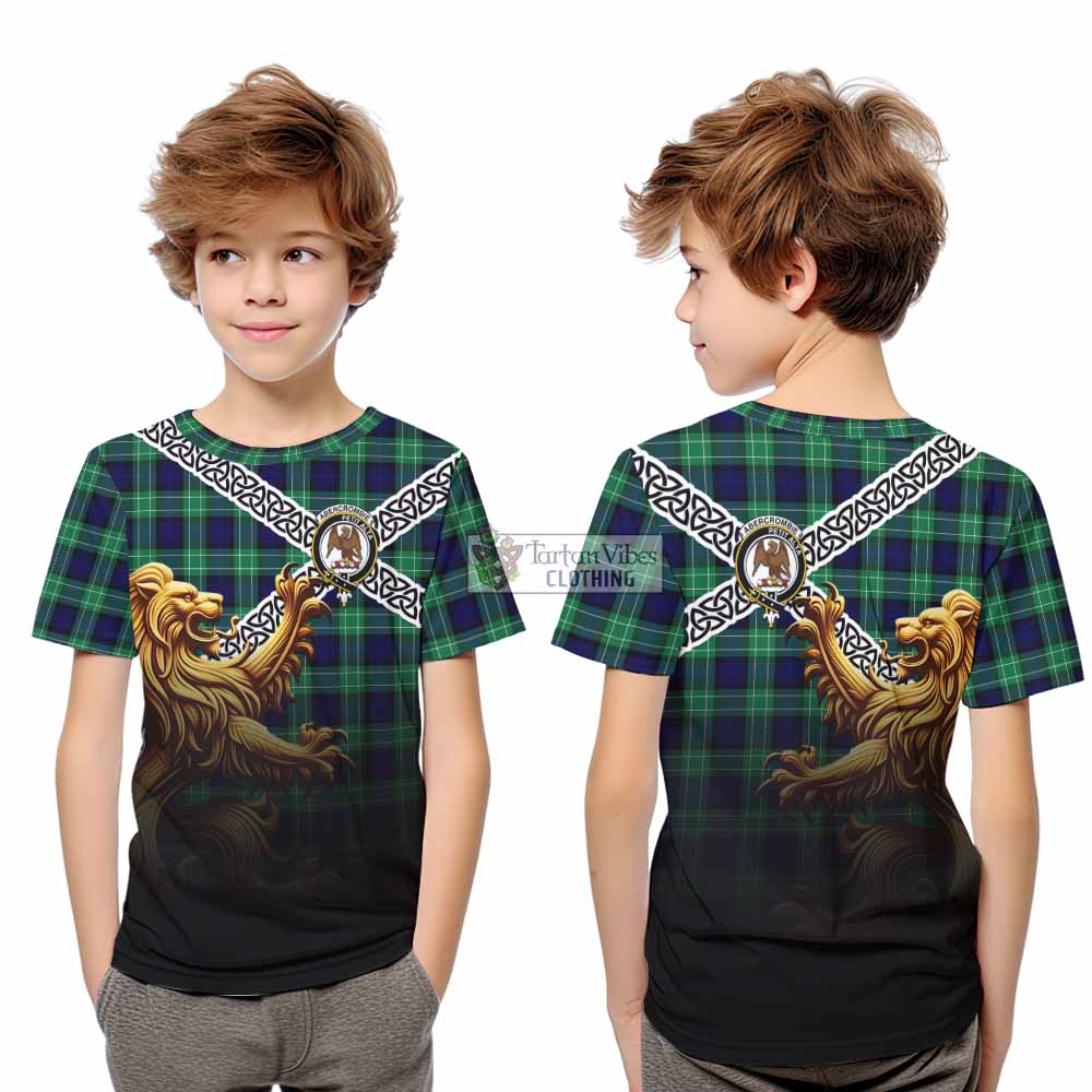 Tartan Vibes Clothing Abercrombie Crest Tartan Kid T-Shirt with Golden Lion Emblem Celtic Style