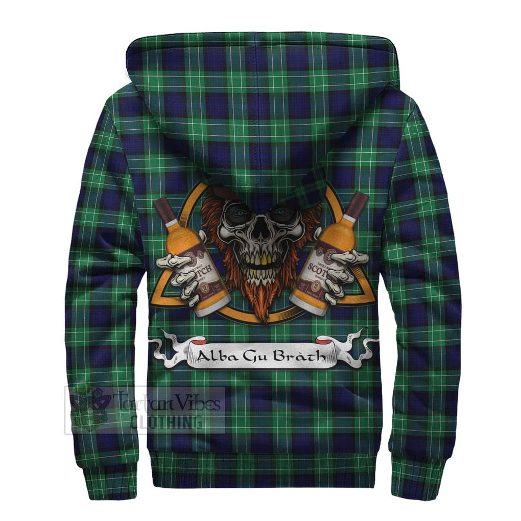 Tartan Vibes Clothing Abercrombie Tartan Sherpa Hoodie with Family Crest and Bearded Skull Holding Bottles of Whiskey