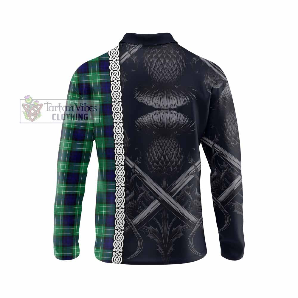 Tartan Vibes Clothing Abercrombie Tartan Long Sleeve Polo Shirt with Family Crest Cross Sword Thistle Celtic Vibes
