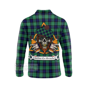 Tartan Vibes Clothing Abercrombie Tartan Long Sleeve Polo Shirt with Family Crest and Bearded Skull Holding Bottles of Whiskey