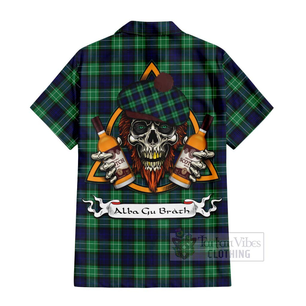 Tartan Vibes Clothing Abercrombie Tartan Short Sleeve Button Shirt with Family Crest and Bearded Skull Holding Bottles of Whiskey