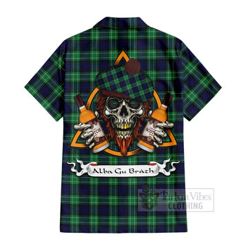 Tartan Vibes Clothing Abercrombie Tartan Short Sleeve Button Shirt with Family Crest and Bearded Skull Holding Bottles of Whiskey