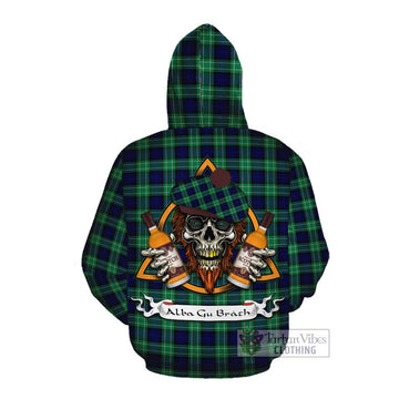 Abercrombie Tartan Cotton Hoodie with Family Crest and Bearded Skull Holding Bottles of Whiskey