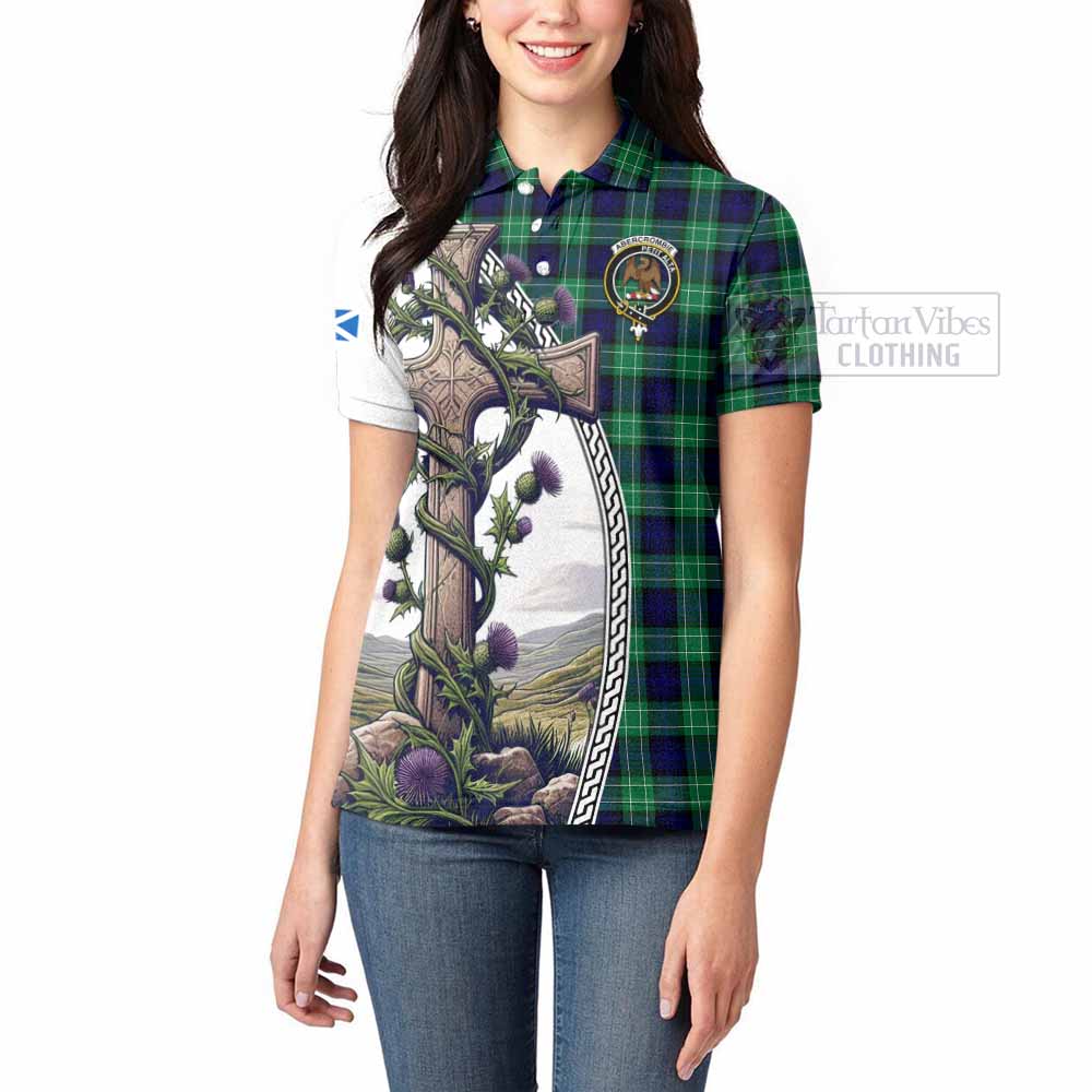 Tartan Vibes Clothing Abercrombie Tartan Women's Polo Shirt with Family Crest and St. Andrew's Cross Accented by Thistle Vines