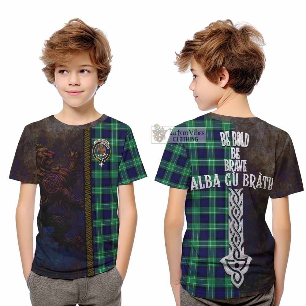 Tartan Vibes Clothing Abercrombie Tartan Family Crest Kid T-Shirt Alba Gu Brath Be Brave Lion Ancient Style