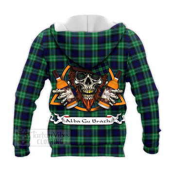 Abercrombie Tartan Knitted Hoodie with Family Crest and Bearded Skull Holding Bottles of Whiskey