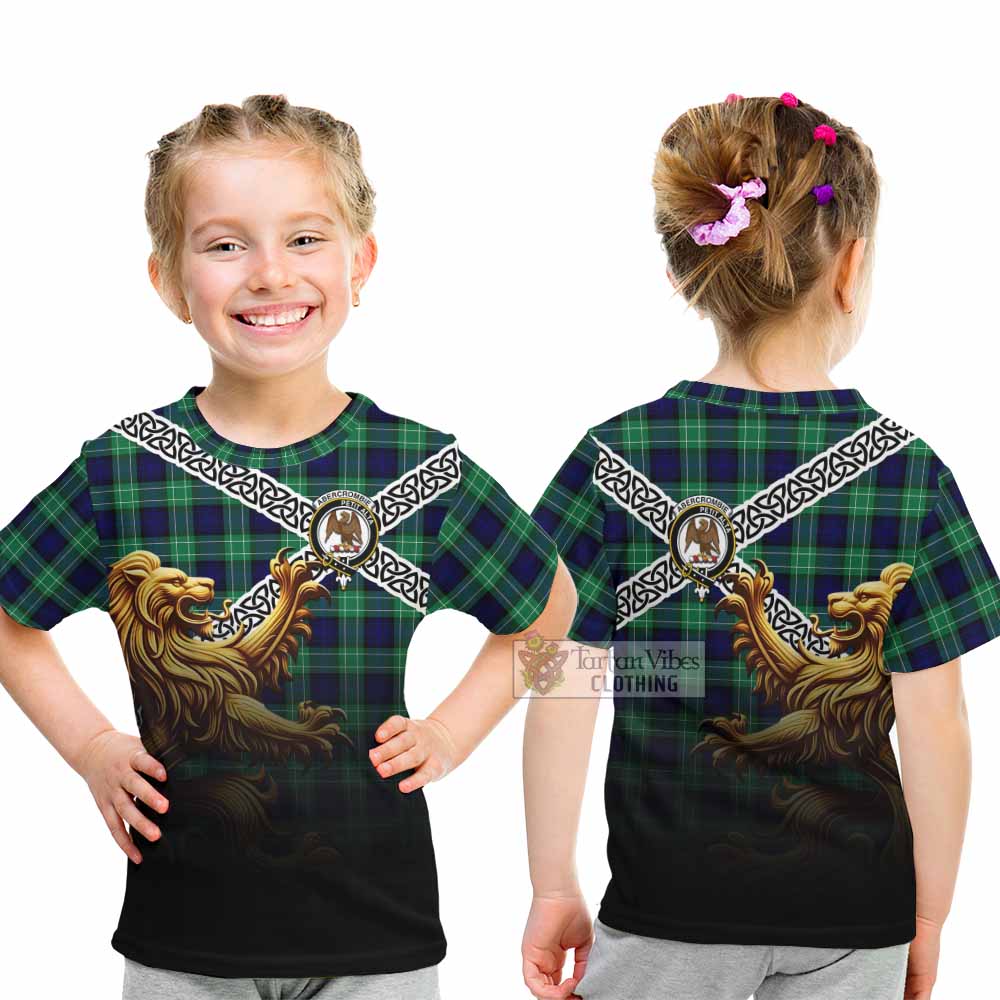 Tartan Vibes Clothing Abercrombie Crest Tartan Kid T-Shirt with Golden Lion Emblem Celtic Style