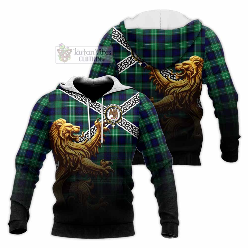 Tartan Vibes Clothing Abercrombie Crest Tartan Knitted Hoodie with Golden Lion Emblem Celtic Style