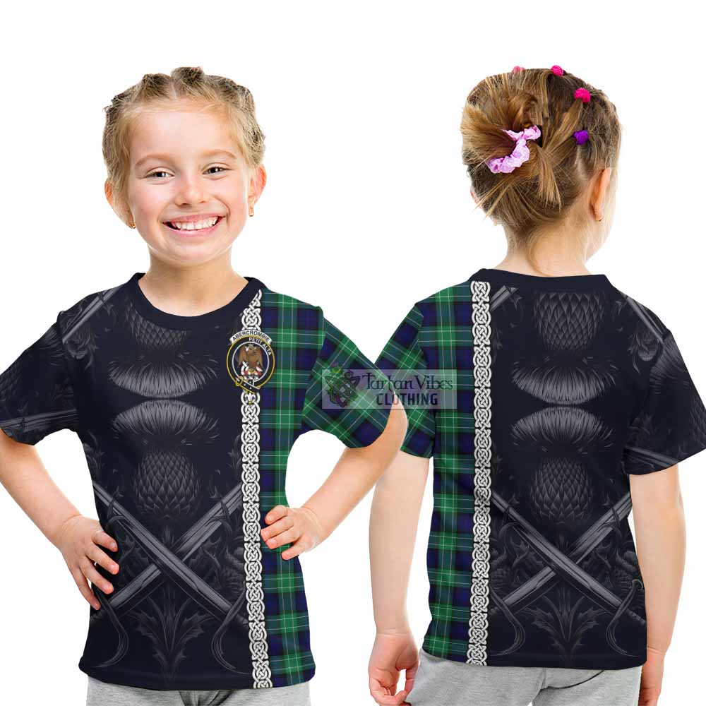 Tartan Vibes Clothing Abercrombie Tartan Kid T-Shirt with Family Crest Cross Sword Thistle Celtic Vibes
