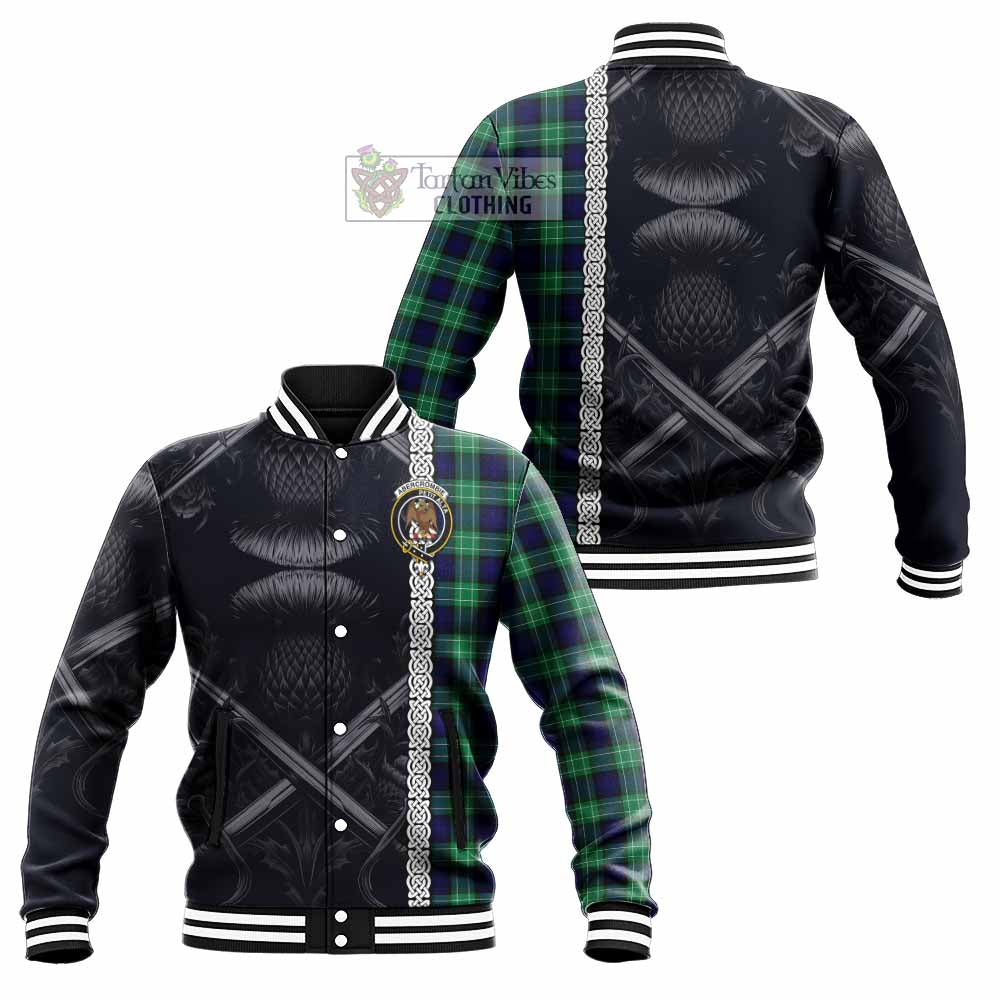 Tartan Vibes Clothing Abercrombie Tartan Baseball Jacket with Family Crest Cross Sword Thistle Celtic Vibes