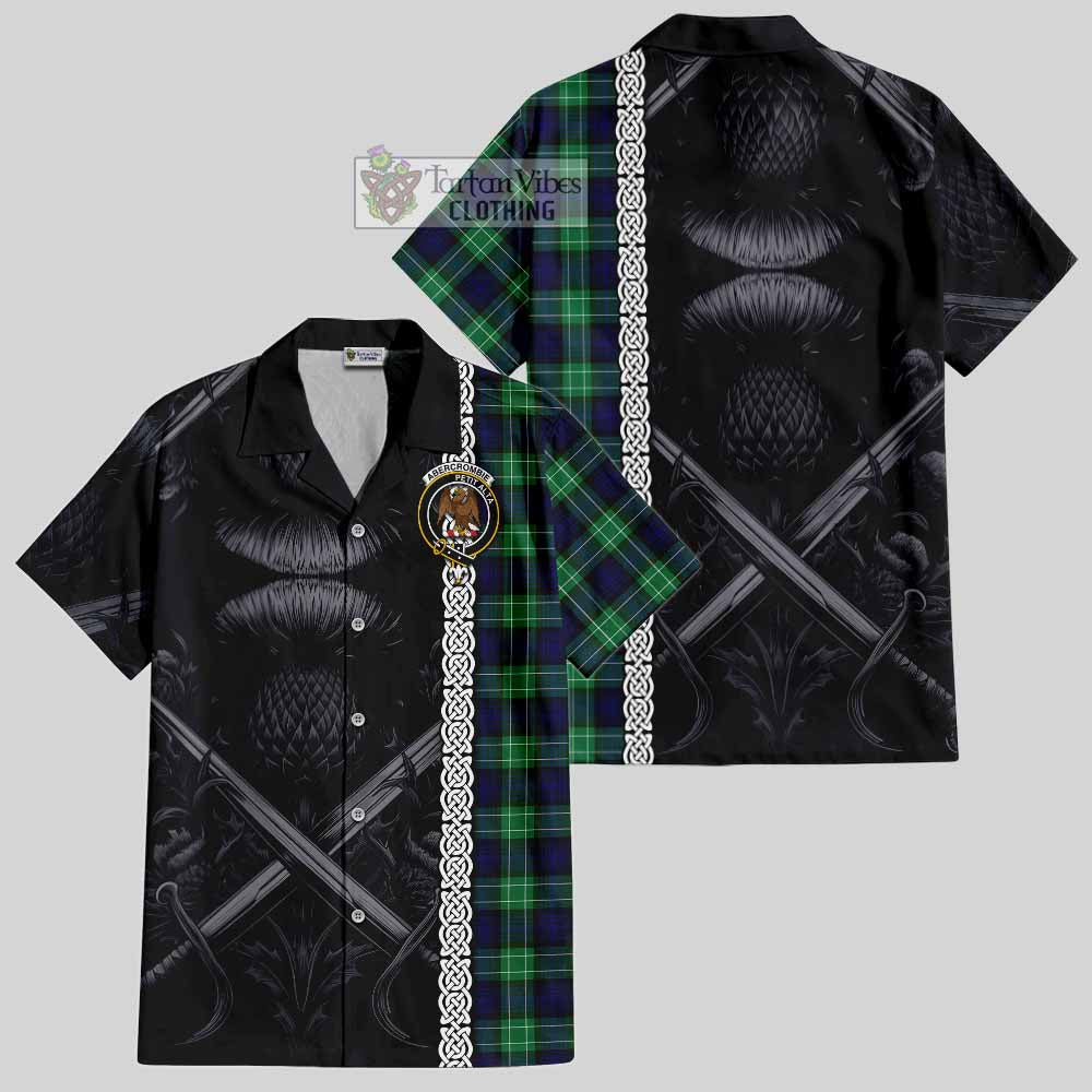 Tartan Vibes Clothing Abercrombie Tartan Short Sleeve Button Shirt with Family Crest Cross Sword Thistle Celtic Vibes