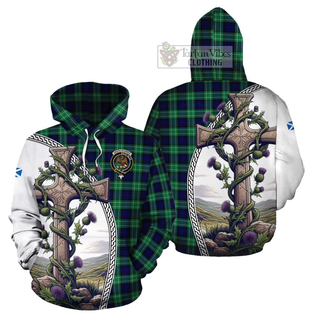 Tartan Vibes Clothing Abercrombie Tartan Cotton Hoodie with Family Crest and St. Andrew's Cross Accented by Thistle Vines