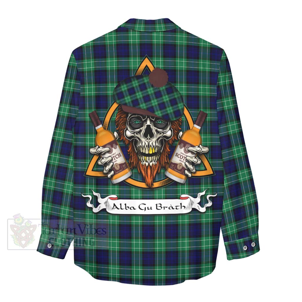 Tartan Vibes Clothing Abercrombie Tartan Women's Casual Shirt with Family Crest and Bearded Skull Holding Bottles of Whiskey