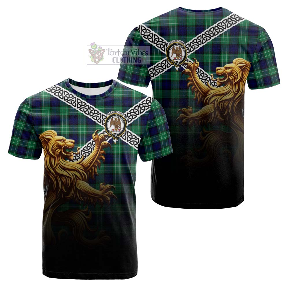 Tartan Vibes Clothing Abercrombie Crest Tartan Cotton T-shirt with Golden Lion Emblem Celtic Style