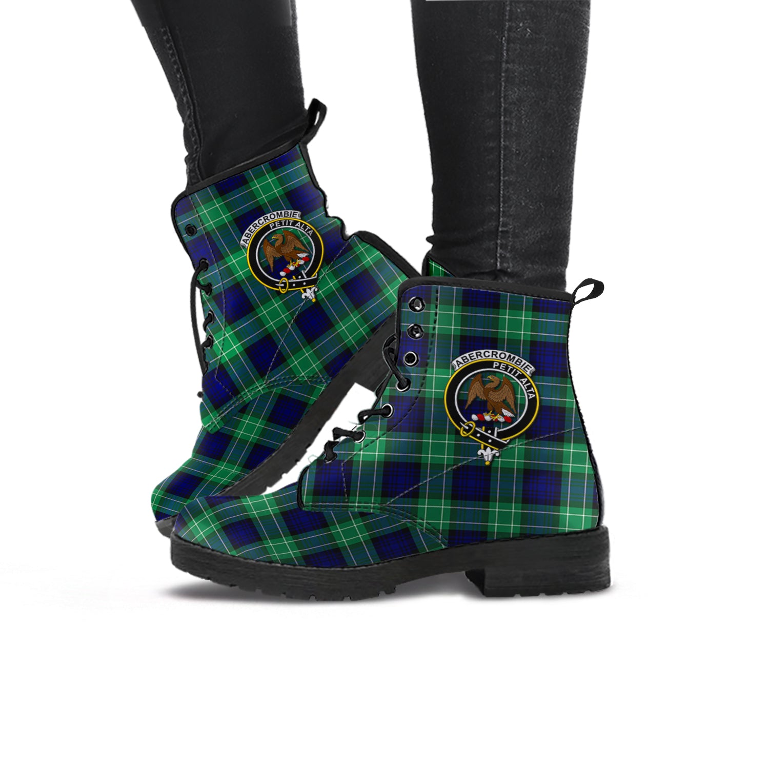 Abercrombie Tartan Leather Boots with Family Crest - Tartanvibesclothing