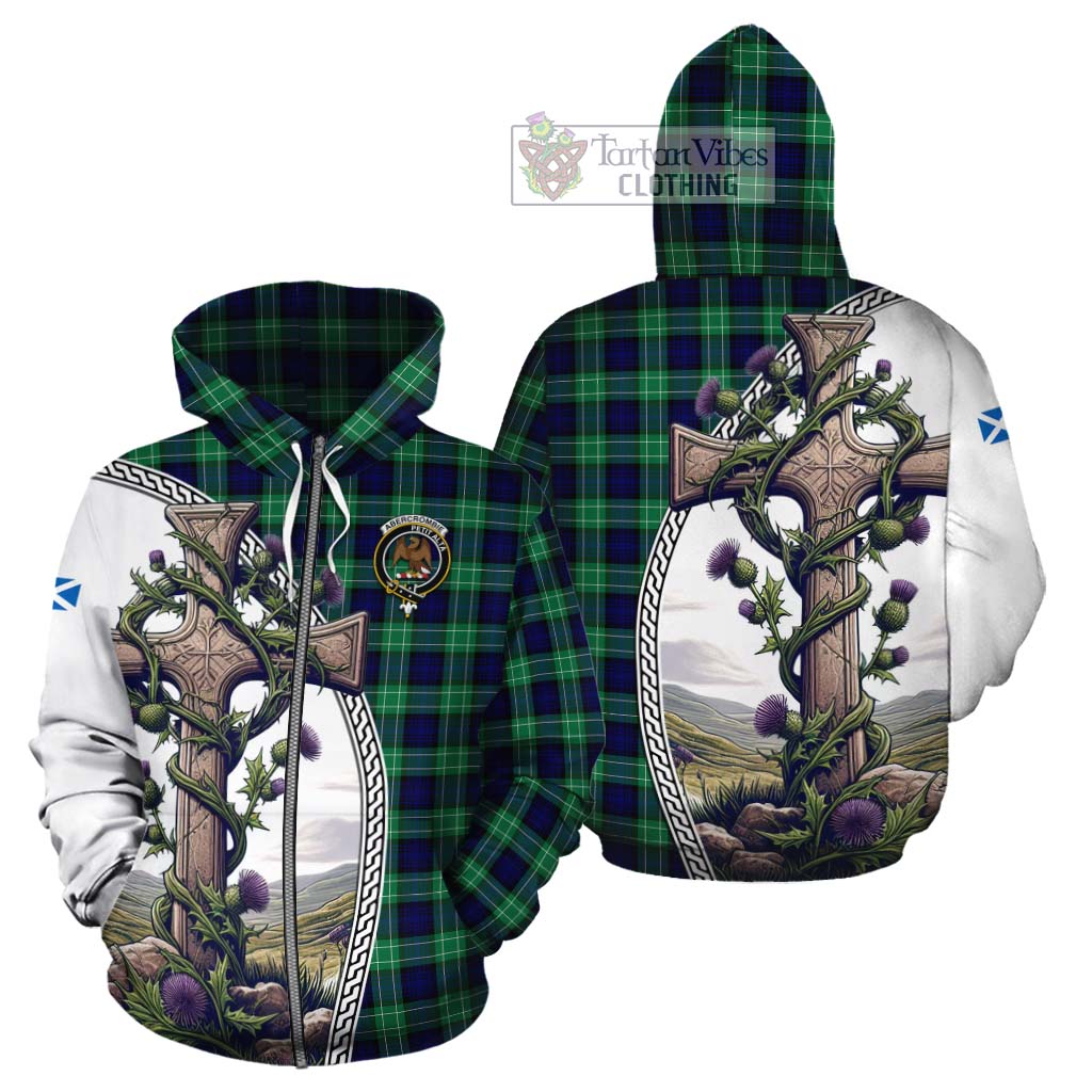 Tartan Vibes Clothing Abercrombie Tartan Cotton Hoodie with Family Crest and St. Andrew's Cross Accented by Thistle Vines
