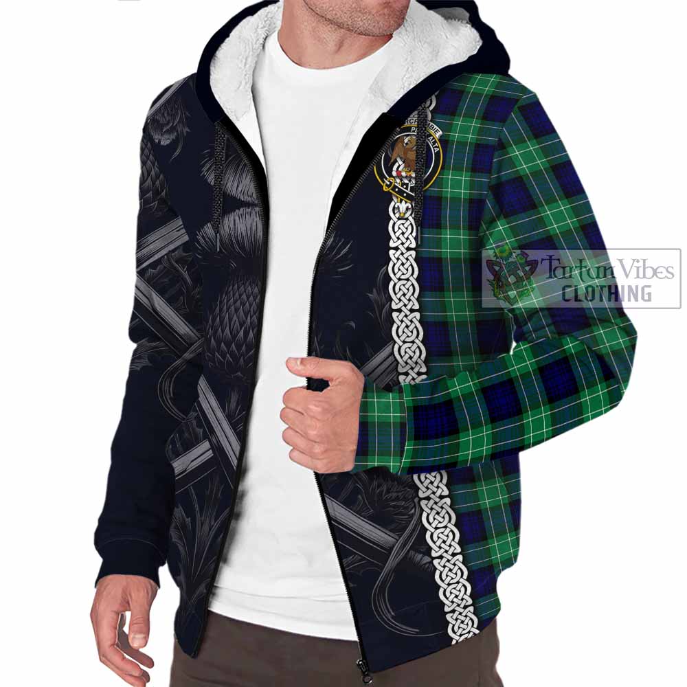 Tartan Vibes Clothing Abercrombie Tartan Sherpa Hoodie with Family Crest Cross Sword Thistle Celtic Vibes