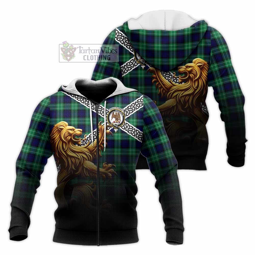 Tartan Vibes Clothing Abercrombie Crest Tartan Knitted Hoodie with Golden Lion Emblem Celtic Style