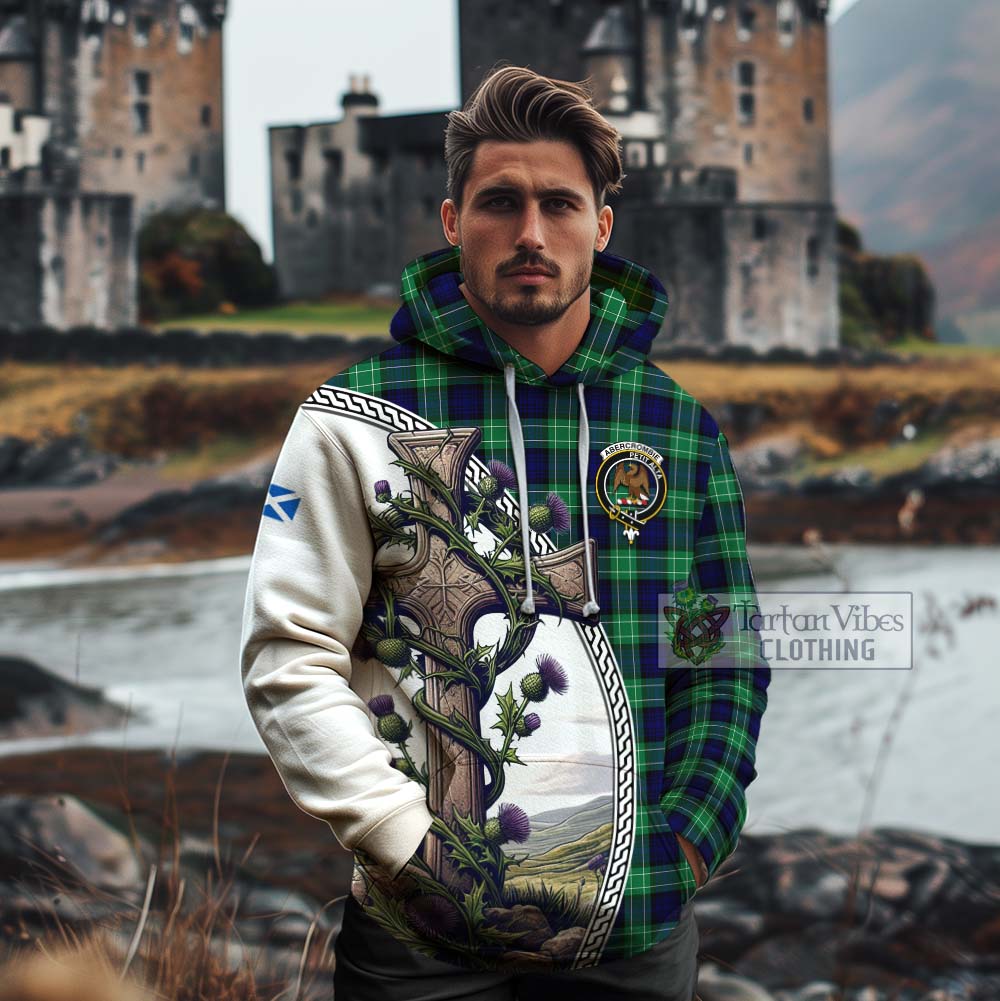 Tartan Vibes Clothing Abercrombie Tartan Cotton Hoodie with Family Crest and St. Andrew's Cross Accented by Thistle Vines