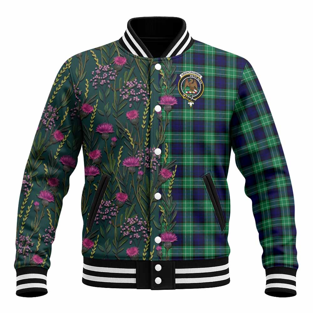 Abercrombie Family Crest Tartan Baseball Jacket Scottish Thistle Flower Pattern Half Style - Tartan Vibes Clothing