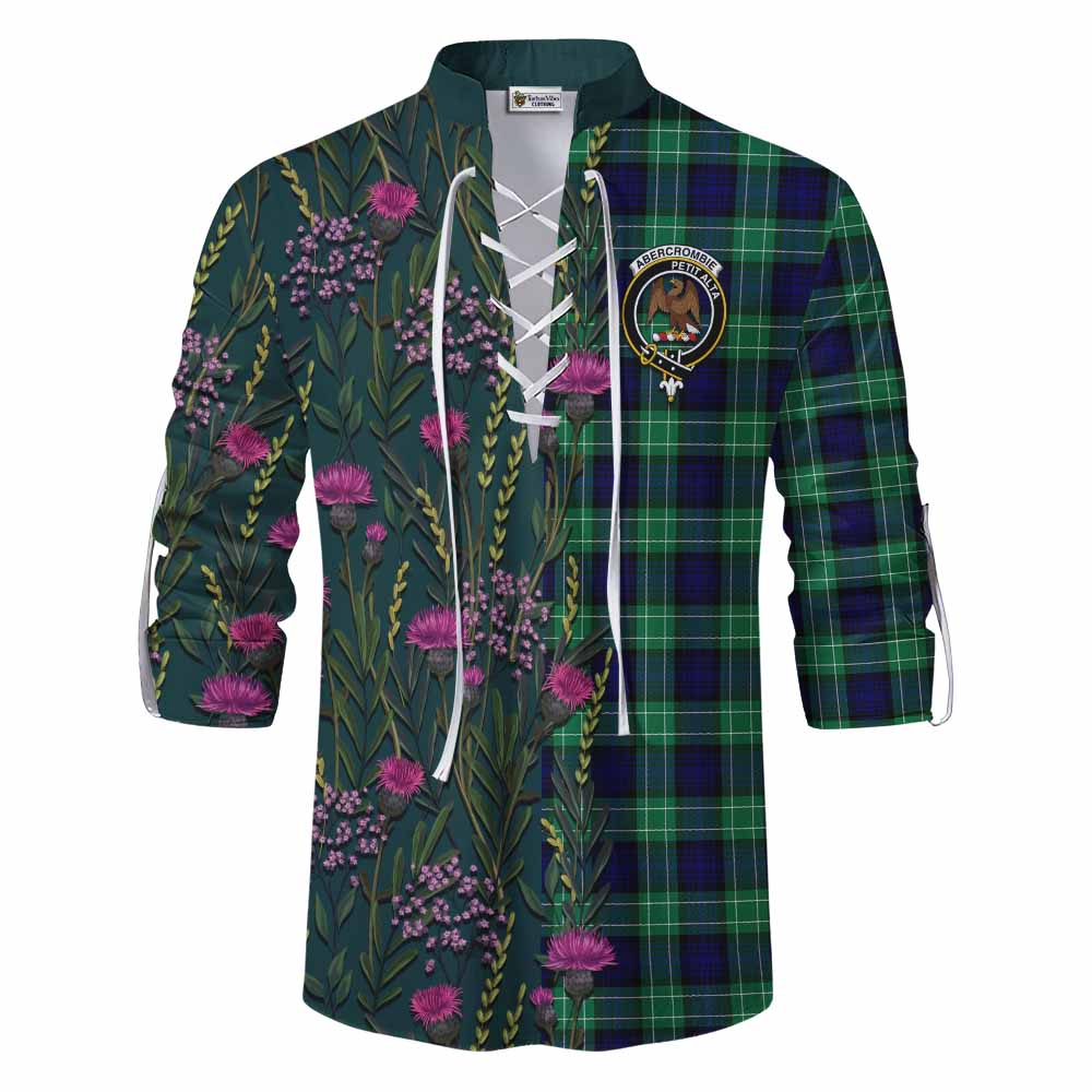 Abercrombie Family Crest Tartan Ghillie Shirt Scottish Thistle Flower Pattern Half Style - Tartan Vibes Clothing