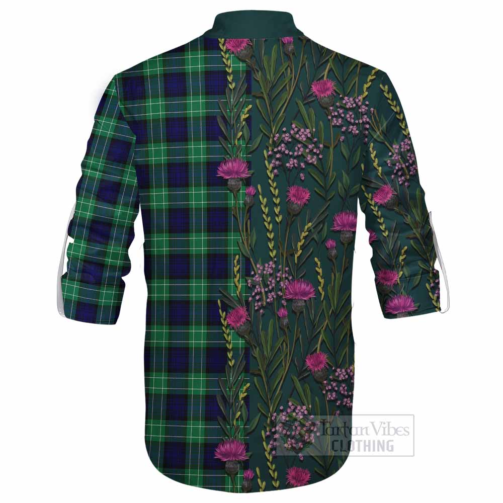 Abercrombie Family Crest Tartan Ghillie Shirt Scottish Thistle Flower Pattern Half Style - Tartan Vibes Clothing