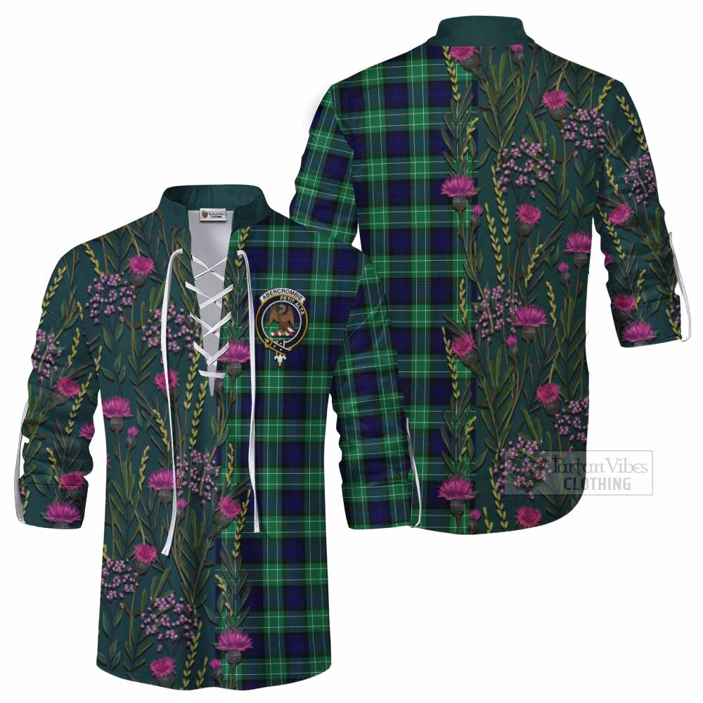 Abercrombie Family Crest Tartan Ghillie Shirt Scottish Thistle Flower Pattern Half Style - Tartan Vibes Clothing