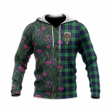 Abercrombie Family Crest Tartan Knitted Hoodie Scottish Thistle Flower Pattern Half Style
