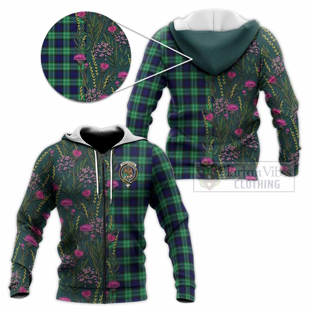 Abercrombie Family Crest Tartan Knitted Hoodie Scottish Thistle Flower Pattern Half Style - Tartan Vibes Clothing