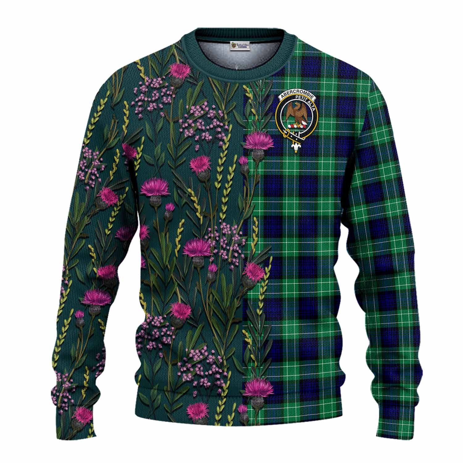 Abercrombie Family Crest Tartan Knitted Sweater Scottish Thistle Flower Pattern Half Style - Tartan Vibes Clothing