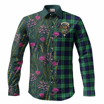Abercrombie Family Crest Tartan Long Sleeve Button Shirts Scottish Thistle Flower Pattern Half Style