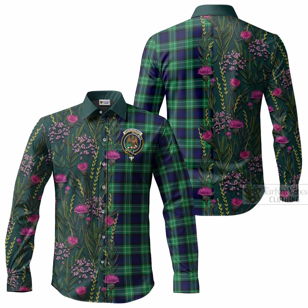 Abercrombie Family Crest Tartan Long Sleeve Button Shirts Scottish Thistle Flower Pattern Half Style - Tartan Vibes Clothing
