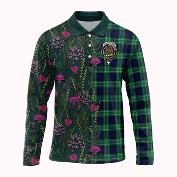 Abercrombie Family Crest Tartan Long Sleeve Polo Shirt Scottish Thistle Flower Pattern Half Style