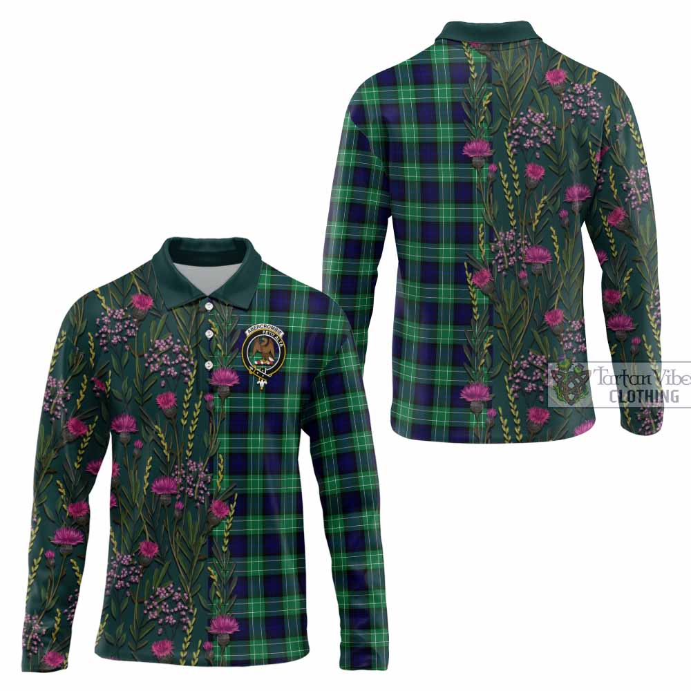 Abercrombie Family Crest Tartan Long Sleeve Polo Shirt Scottish Thistle Flower Pattern Half Style - Tartan Vibes Clothing