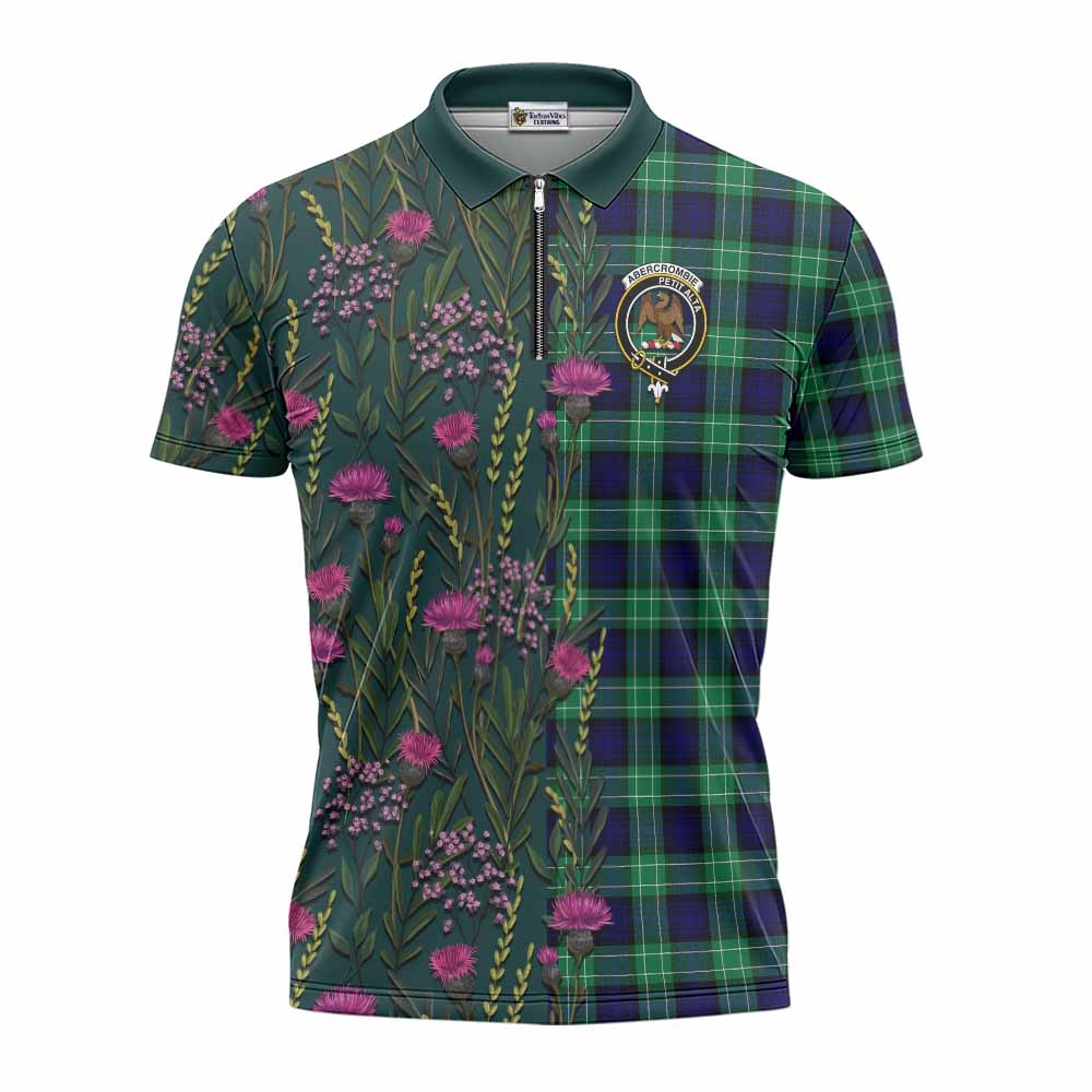 Abercrombie Family Crest Tartan Zipper Polo Shirt Scottish Thistle Flower Pattern Half Style - Tartan Vibes Clothing