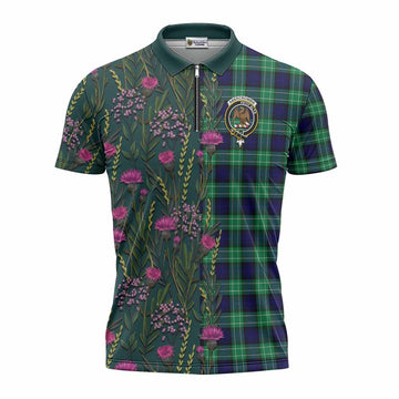 Abercrombie Family Crest Tartan Zipper Polo Shirt Scottish Thistle Flower Pattern Half Style