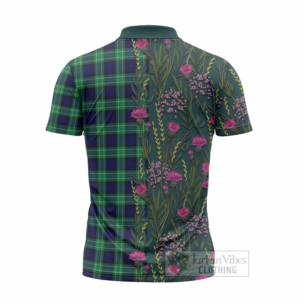 Abercrombie Family Crest Tartan Zipper Polo Shirt Scottish Thistle Flower Pattern Half Style - Tartan Vibes Clothing