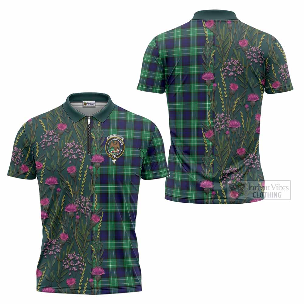 Abercrombie Family Crest Tartan Zipper Polo Shirt Scottish Thistle Flower Pattern Half Style - Tartan Vibes Clothing